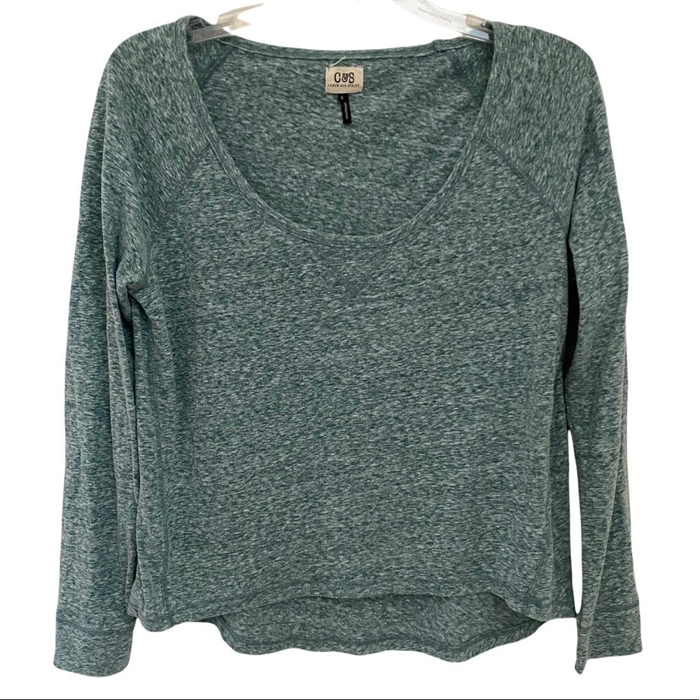 Check and Stripe Heather Green Long Sleeve Scoop Neck Top Sz Small  B7
